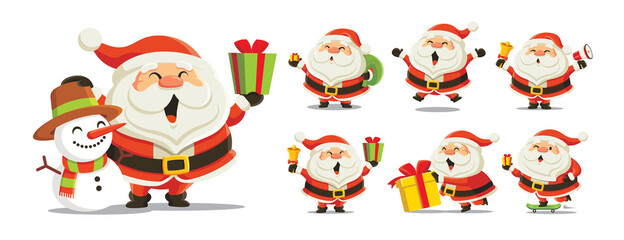 Set of funny cute Santa Claus character in different postures, holding Christmas present, megaphone and jingle bell, pushing Christmas gift box and riding skateboard. Mascot for Merry Christmas