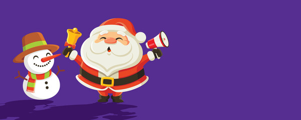 Santa Claus holding ringing bell and megaphone together with snowman on purple background. Empty blank space for Merry Christmas greeting or copy
