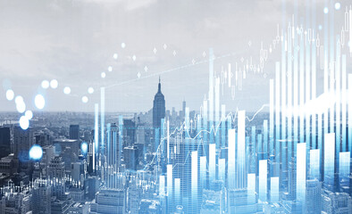 Fototapeta na wymiar Panoramic view on New York city skyscraper with financial chart