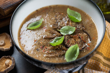 Bowl of soup made of porcini and shiitake mushrooms with addition of quinoa, close-up, studio shot