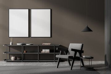 Dark art room interior with armchair and coffee table, mockup posters