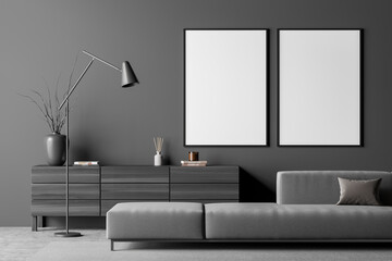 Two canvases in grey living room with sofa