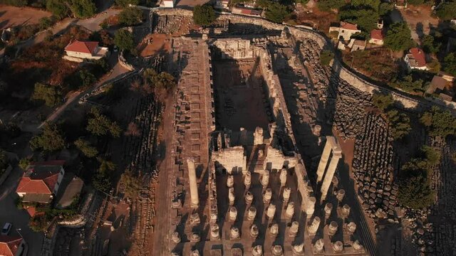 Aerial view of the largest antique greek temple of Apollo in Didim, Turkey.