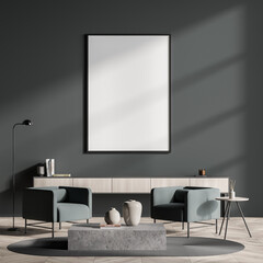 Dark living room interior with empty white poster, sideboard