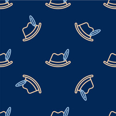 Line Oktoberfest hat icon isolated seamless pattern on blue background. Hunter hat with feather. German hat. Vector