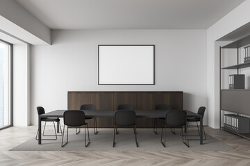 Fototapeta premium Conference room interior and shelf with files, window and mockup poster