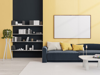 Horizontal canvases on yellow and blue wall in living room