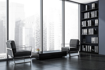 Dark office room interior with panoramic window, two comfortable armchairs