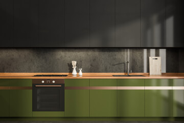 Dark kitchen set interior with shelves and appliances, grey floor