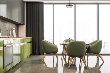 Dark kitchen interior with eating table and chairs on concrete floor, window