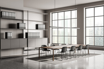 Panoramic beige meeting room. Corner view.