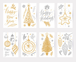 Merry Christmas cards set. Hand Drawn new year collections. Winter design doodle elements in gold and silver color.