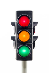 Vertical view of a traffic light showing illuminated red, amber, and green lights.  Concept image illustrating control of the COVID pandemic and confusion.

 - obrazy, fototapety, plakaty