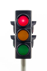 Red\\\

Close-up view of a traffic light showing an illuminated red stoplight.  Concept image illustrating control of the COVID pandemic.

