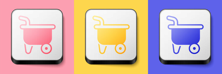 Isometric Wheelbarrow icon isolated on pink, yellow and blue background. Tool equipment. Agriculture cart wheel farm. Square button. Vector