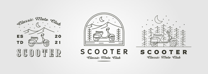 set of scooter logo vector adventure illustration design, vintage line art scooter logo design