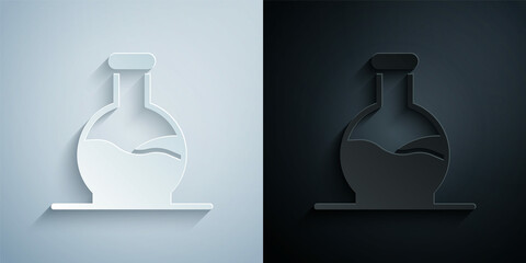 Paper cut Test tube and flask chemical laboratory test icon isolated on grey and black background. Laboratory glassware sign. Paper art style. Vector