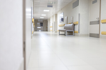 Empty hallway of a large building, hospital reception