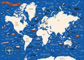 Cartoon vector world map of whales, ships, sailboat, hand drawn decorative ocean background, adventure doodle illustration marine life, sea poster design travel fantasy wallpaper animal for play kid