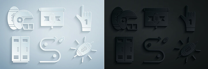 Set Planning strategy concept, Number 1 one fan hand glove with finger raised, Locker or changing room for football, basketball team or workers, American Football, tv program and helmet icon. Vector