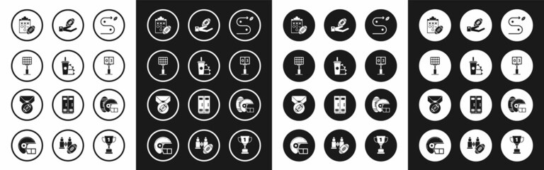 Fototapeta premium Set Planning strategy concept, Bright stadium lights, Sport football mechanical scoreboard result display, hand, helmet and medal icon. Vector