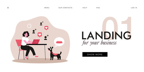 Woman working at computer while her dog hungry. Flat vector illustration. Girl passionate about communication on social networks, hungry dog thinking about food. Caring, pet, food, Internet concept