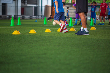 Obraz premium Soccer ball tactics on grass field with cone for training in background Training children