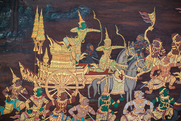 Thai Mural Painting on the wall, Wat Phra Kaew, Bangkok, Thailand (Ramayana story).