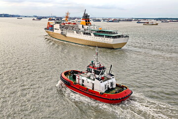 Fototapeta premium Vessels, passenger ships and tugboats in port under cargo operations and underway. Port of Surabaya, Indonesia, January,2021