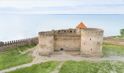 Fototapeta na wymiar Aerial view of medieval fortress rocky coast by Akkerman sea fortress, Ukraine, Europe