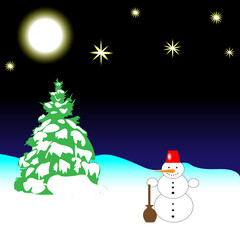 New Year's landscape.2022.Christmas tree without garlands and Snowman in the forest in the snow. Moon and stars.