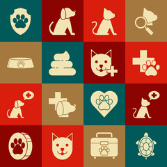 Set Turtle, Veterinary clinic symbol, Cat, Shit, Pet food bowl for cat or dog, Animal health insurance and icon. Vector