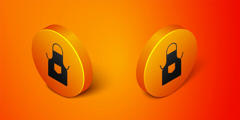 Isometric Kitchen apron icon isolated on orange background. Chef uniform for cooking. Orange circle button. Vector