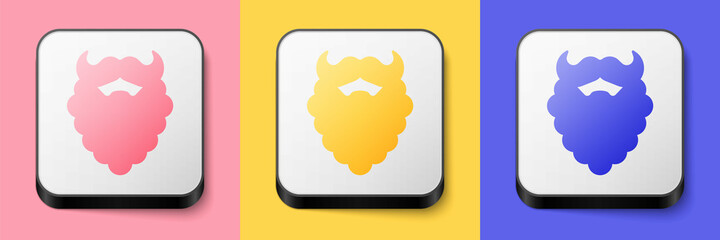 Isometric Mustache and beard icon isolated on pink, yellow and blue background. Barbershop symbol. Facial hair style. Square button. Vector