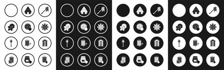 Set Honey dipper stick with dripping honey, Honeycomb map of the world, Bee and honeycomb, Hive for bees, Flower, and icon. Vector