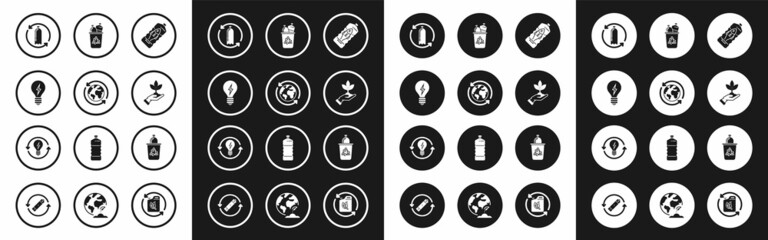 Set Stop ocean plastic pollution, Planet earth and recycling, Light bulb with lightning symbol, Recycling bottle, Plant hand of environmental protection, Recycle bin recycle, and icon. Vector