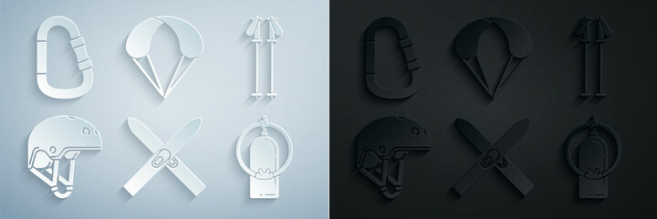 Set Ski and sticks, poles, Helmet, Aqualung, Parachute and Carabiner icon. Vector