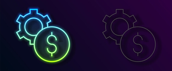 Glowing neon line Gear with dollar symbol icon isolated on black background. Business and finance conceptual icon. Vector