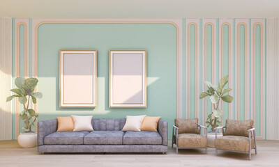 Interior poster frames mockup with gray sofa with armchairs and tree in wicker baskets on the wooden floor in the green room. 3D rendering.