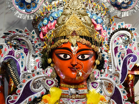 Jagadhatri idol - The idol of goddess Jagadhatri in 2021 at Bindhyabasini Temple, Guptipara where first Barwari puja of undivided Bengal was introduced.