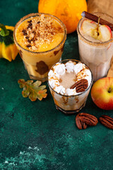 Set of autumn smoothie with pumpkin, apple and pecan