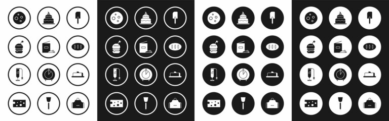 Set Spatula, Flour pack, Burger, Cookie or biscuit with chocolate, Bread loaf, Cake, Strawberry cheesecake slice and Blender icon. Vector
