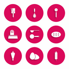 Set Measuring spoon, Chicken egg, Cereals with rice, wheat, corn, oats, rye, Bread loaf, Pastry bag for decorate cakes, Scales, Pizza knife and Kitchen brush icon. Vector