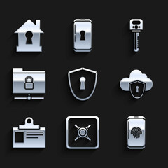 Set Shield with keyhole, Safe, Smartphone fingerprint scanner, Cloud and shield, Identification badge, FTP folder lock, Key and House under protection icon. Vector
