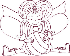 Fototapeta na wymiar Christmas card in vector. Cute fairy with New Year toy. Flat cartoon illustration.