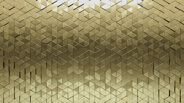Polished, Gold Wall background with tiles. Triangular, tile Wallpaper with 3D, Luxurious blocks. 3D Render