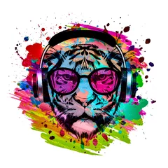 Foto op Canvas abstract colored tiger muzzle in eyeglasses and headphones isolated on white background with paint splashes © reznik_val