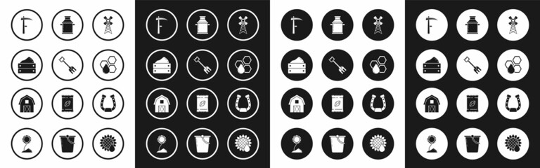Set Windmill, Garden rake, Wooden box with harvest, Scythe, Honeycomb, Can container for milk, Horseshoe and Farm House concept icon. Vector