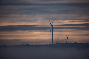 Windfarm at yellow clouds in morning