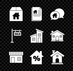 Set Cardboard box with house, House contract, building in speech bubble, Shopping or market store, percant discount tag, Hanging sign text Sale and icon. Vector